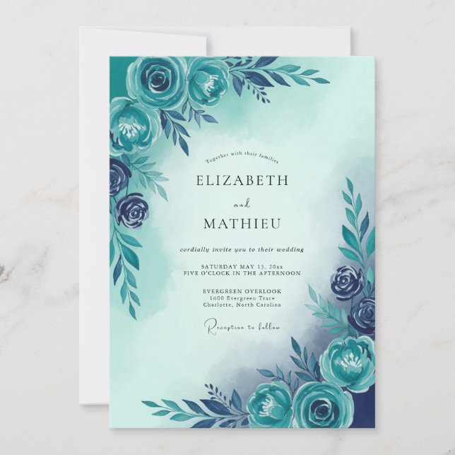 Teal Blue Serene Botanical Wedding Inbjudningar (Framsida)
