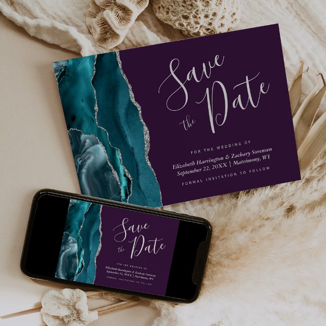 Teal Blue Silver Agate Purple Save the Date Card Inbjudningar (Skapare uppladdad)