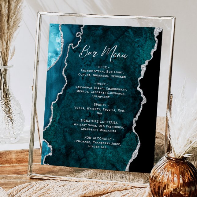 Teal Blue Silver Agate Script Wedding Bar Menu  Poster (Skapare uppladdad)