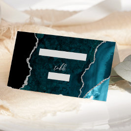 Teal Blue Silver Agate Script Wedding Table Placeringskort