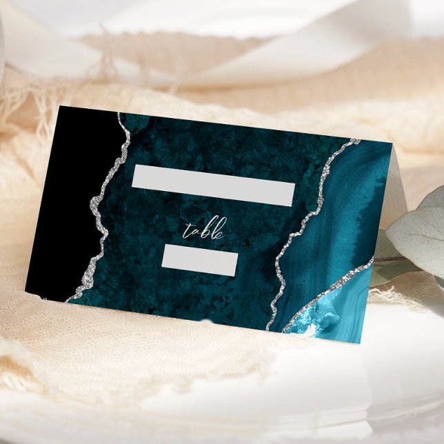 Teal Blue Silver Agate Script Wedding Table Placeringskort (Skapare uppladdad)