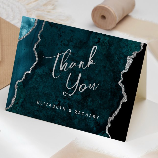 Teal Blue Silver Agate Script Wedding Thank You Kort (Skapare uppladdad)