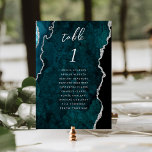 Teal Blue Silver Agate Wedding Bordsnummer<br><div class="desc">This elegant modern wedding table number card features a teal blue watercolor agate background trimmed with faux silver glitter. The word "table" appears in silver gray handwriting script. Add the names of your guests who are assigned to each table.</div>