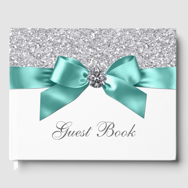 Teal Blue Silver Birthday Bröllop Guest Bok (Framsida)