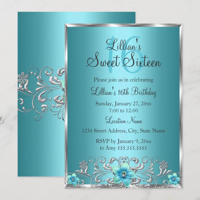 Teal Blue Silver Blommigt Swirl Sweet 16-inbjudan Inbjudningar (Fram/baksida)