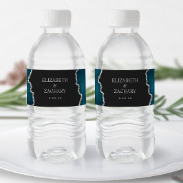 Teal Blue Silver Glitter Agate Mörk Bröllop Vattenflaskor Etikett