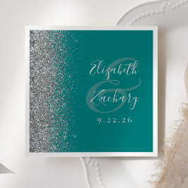 Teal Blue Silver Glitter Bröllop Napkins Pappersservett