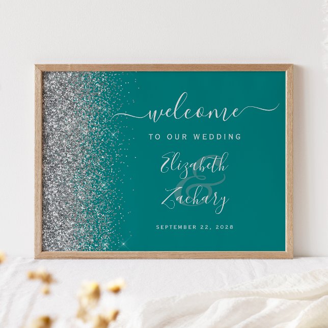 Teal Blue Silver Glitter Wedding Welcome Sign Poster (Skapare uppladdad)