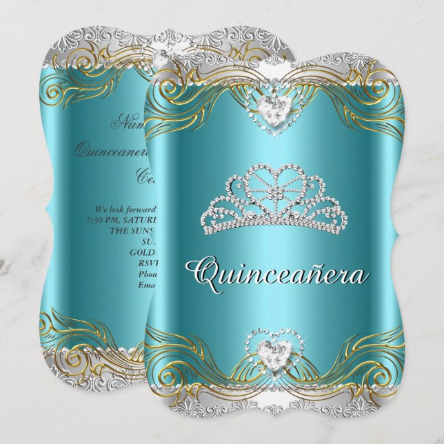 Teal Blue Silver Guld Quinceanera Födelsedagsfest  Inbjudningar (Fram/baksida)