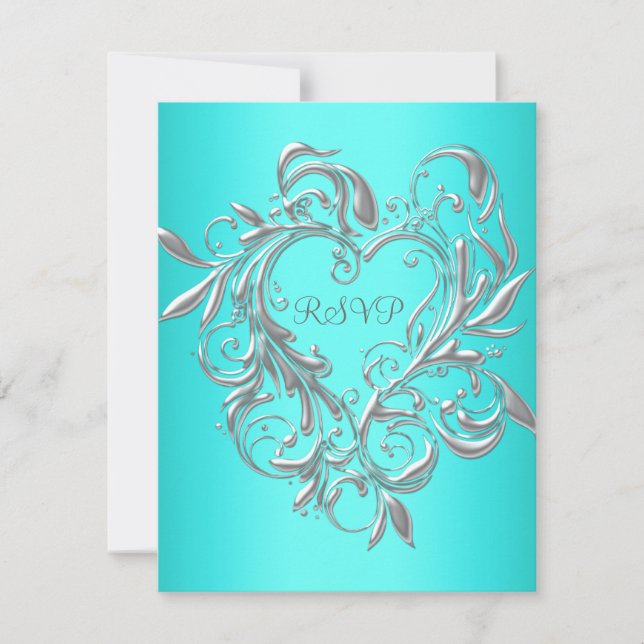 Teal Blue Silver Heart OSA Responcard (Framsida)