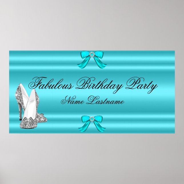 Teal Blue Silver Högklackars Birthday Banner Poster (Framsidan)
