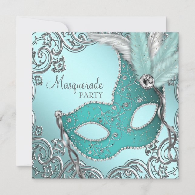 Teal Blue Silver Mask Masquerad Party Inbjudningar (Framsida)
