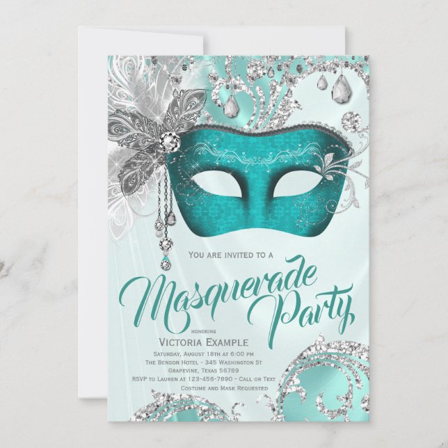 Teal Blue Silver Mask Masquerad Party Inbjudningar (Framsida)