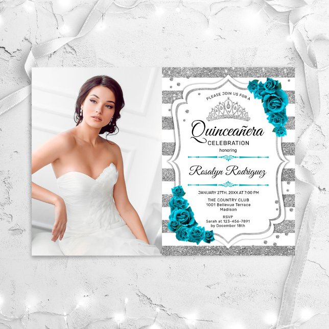 Teal Blue Silver Photo Quinceanera Inbjudningar (Skapare uppladdad)