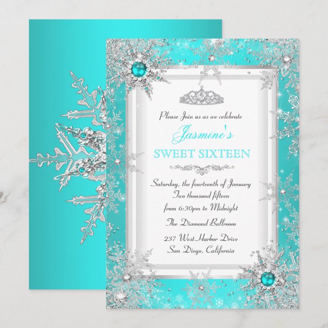 Teal Blue Silver Winter Wonderland Sweet 16 Party Inbjudningar (Fram/baksida)
