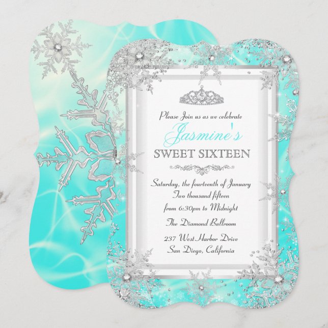 Teal Blue Silver Winter Wonderland Sweet 16 Party Inbjudningar (Fram/baksida)