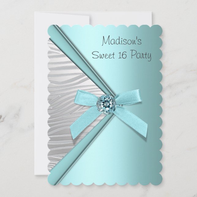 Teal Blue Silver Zebra Sweet 16 Party Inbjudningar (Framsida)