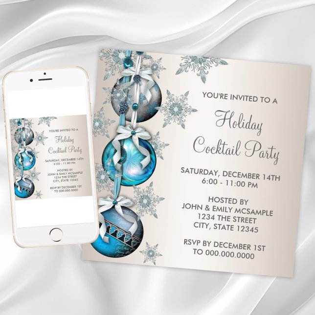 Teal Blue Snöflingor Ornaments jul Party Inbjudningar (Teal Blue Snowflakes Ornaments Christmas Party Invitation. Any occasion. Download and printed.)