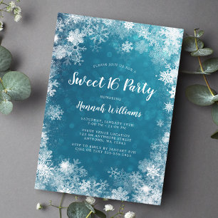 Teal Blue Snöflingor Winter Wonderland Sweet 16 Inbjudningar