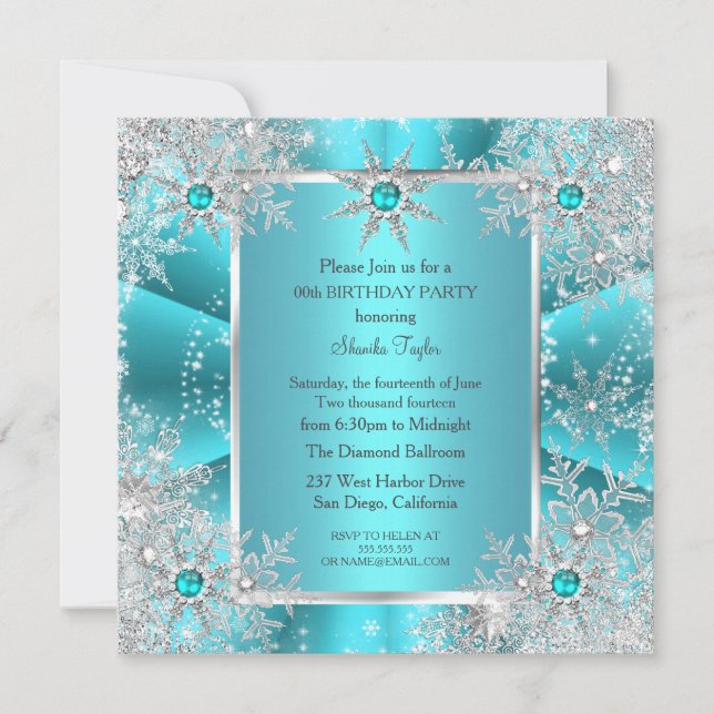 Teal Blue Snowflake Silver Winter Wonderland 2 Inbjudningar (Framsida)