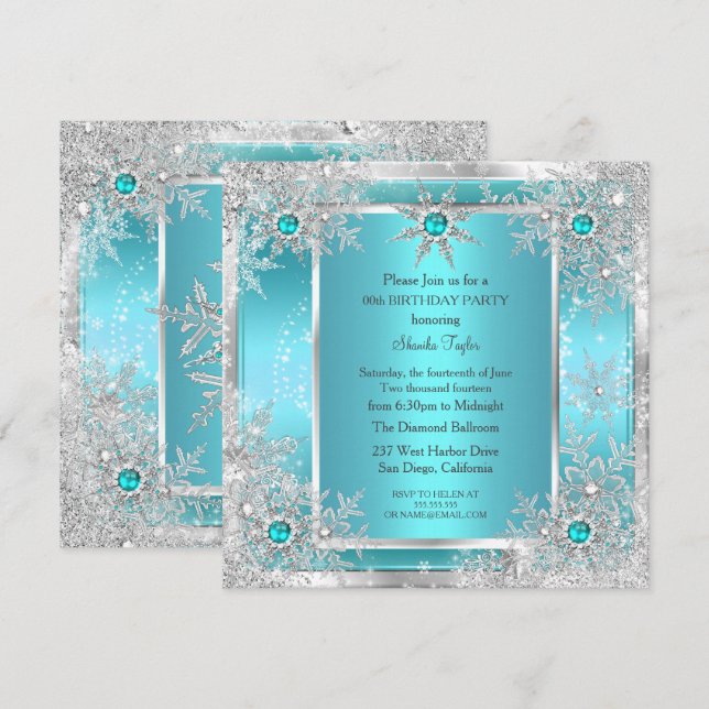 Teal Blue Snowflake Silver Winter Wonderland Inbjudningar (Fram/baksida)