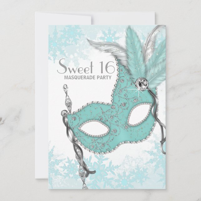 Teal Blue Snowflake Sweet 16 Masqueraad Party Inbjudningar (Framsida)