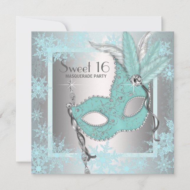 Teal Blue Snowflake Sweet 16 Masqueraad Party Inbjudningar (Framsida)