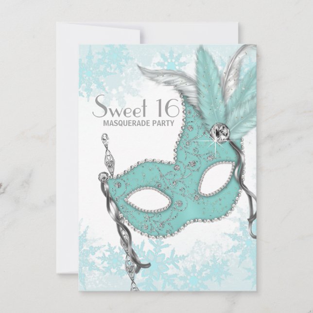 Teal Blue Snowflake Sweet 16 Masqueraad Party Inbjudningar (Framsida)