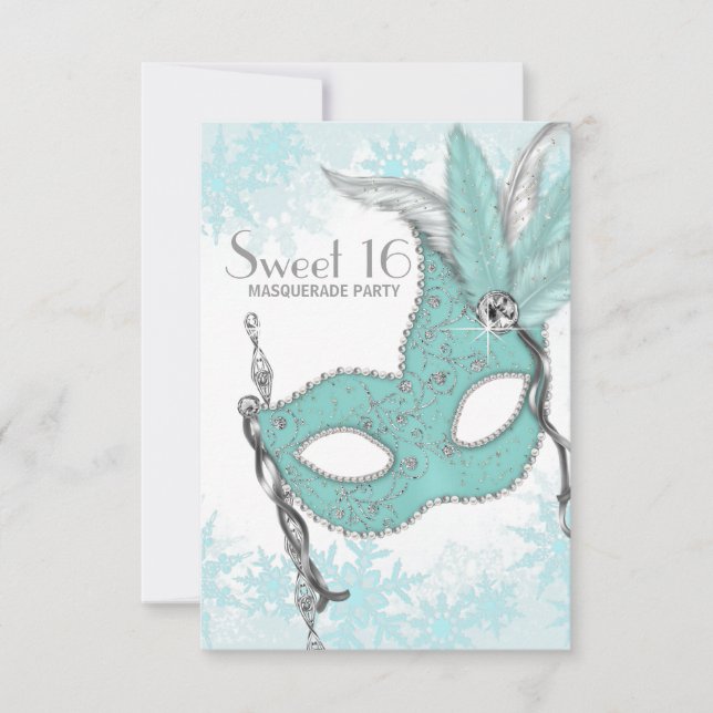 Teal Blue Snowflake Sweet 16 Masqueraad Party Inbjudningar (Framsida)