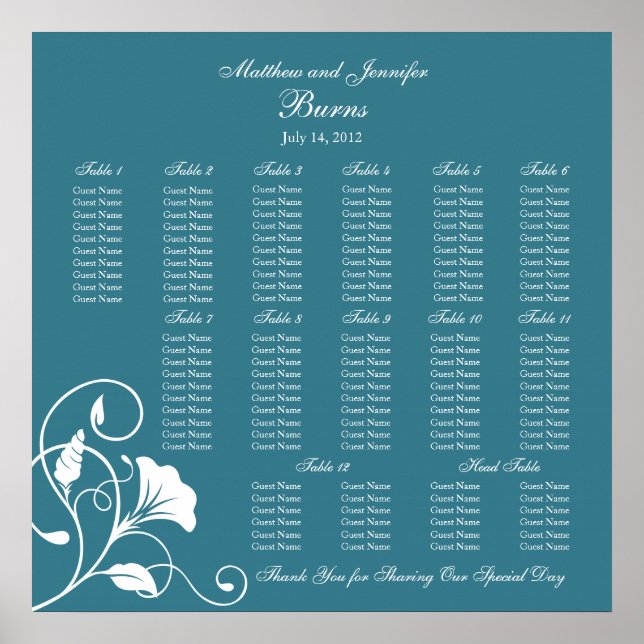 Teal Blue Square Wedding Sittdiagram för bröllopsm Poster (Framsidan)