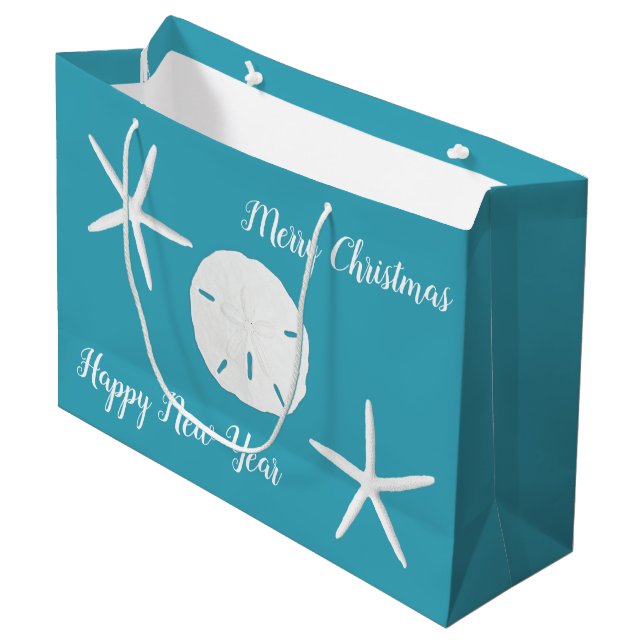 Teal Blue Starfish jul Large Papper Gift Bag (Framsidan Vinklad)