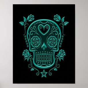 Teal Blue Sugar Skull med Ro på Black Poster