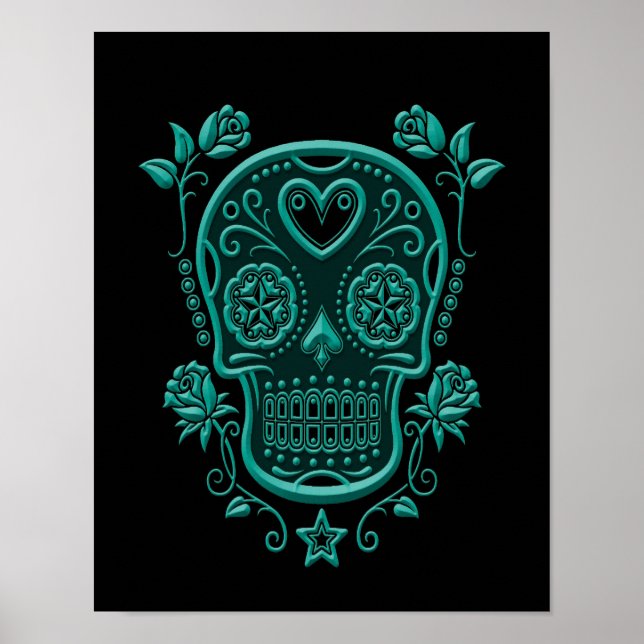 Teal Blue Sugar Skull med Ro på Black Poster (Framsidan)