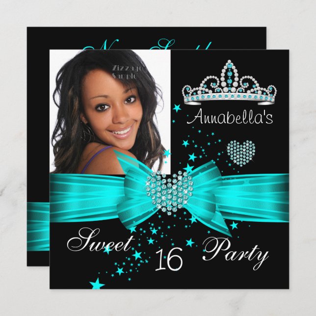 Teal Blue Sweet 16 Birthday Diamond Tiara Photo Inbjudningar (Fram/baksida)