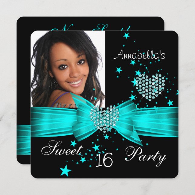 Teal Blue Sweet 16 Födelsedagsfests Diamond Photo Inbjudningar (Fram/baksida)