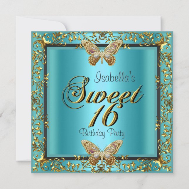 Teal Blue Sweet sixteen 16 Guld Butterfly Inbjudningar (Framsida)