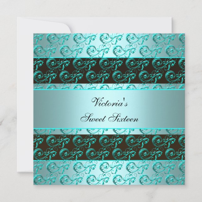 Teal Blue Swirls Elegant Sweet sixteen Inbjudningar (Framsida)