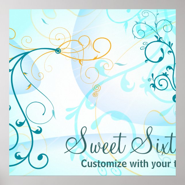 Teal Blue Swirls Sweet sixteen Birthday Banner Poster (Framsidan)