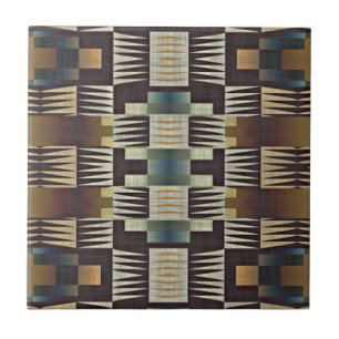 Teal Blue Tan Taupe Mörk Brown Ethnic Tribe Art Kakelplatta