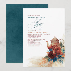 Teal Blue Terracotta Blommigt Möhippa Tea Inbjudningar