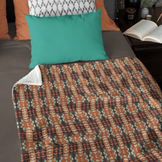 Teal Blue Terracotta Orange Red Brown Tribal Art Fleecefilt (Skapare uppladdad)