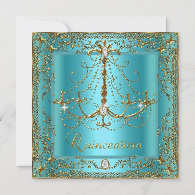 Teal Blue Tiara Guld Quinceanera 15:e födelsedagen Inbjudningar (Framsida)