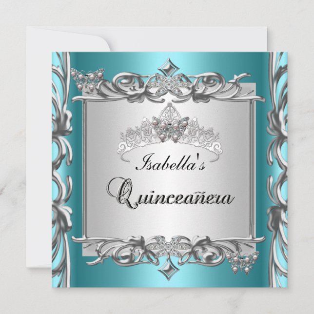 Teal Blue Tiara Quinceanera 15:e födelsedagen Inbjudningar (Framsida)