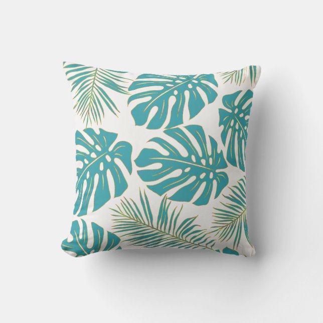 Teal blue tropical monstera löv mönster kudde (Framsida)