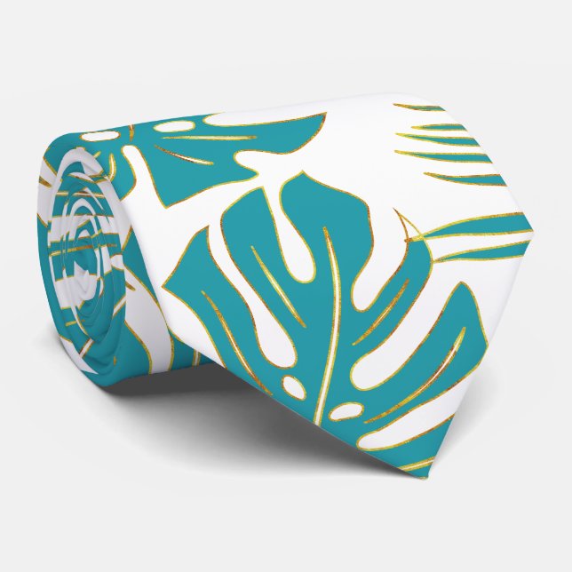 Teal blue tropical monstera och handflatan löv slips (Rullad)