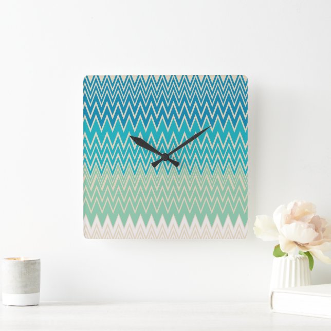 Teal Blue, turkos och Grönt Zigzags Fyrkantig Klocka (Hem)