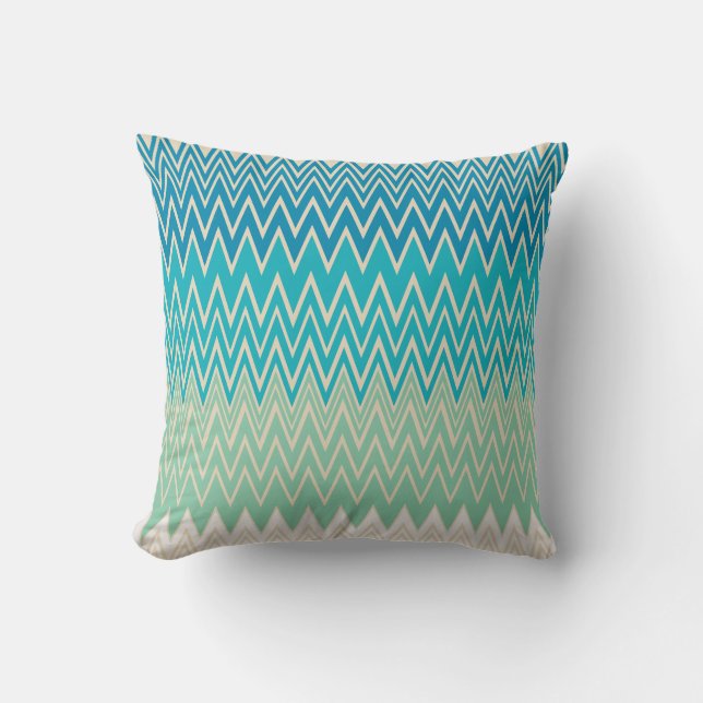 Teal Blue, turkos och Grönt Zigzags Kudde (Framsida)