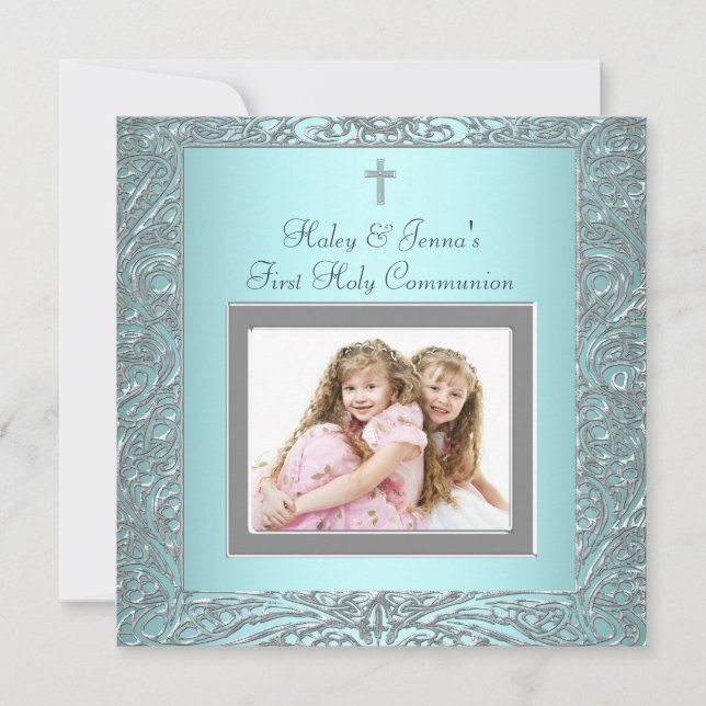 Teal Blue Twillingars Photo First Communion Inbjudningar (Framsida)