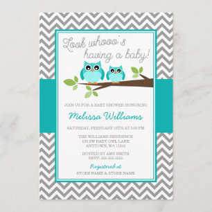 Teal Blue Uggla Grått Chevron Boy Shower Inbjudningar