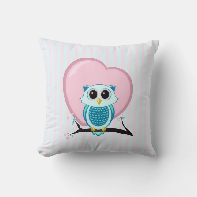 Teal Blue Uggla med Rosa Heart och Rand Kudde (Framsida)